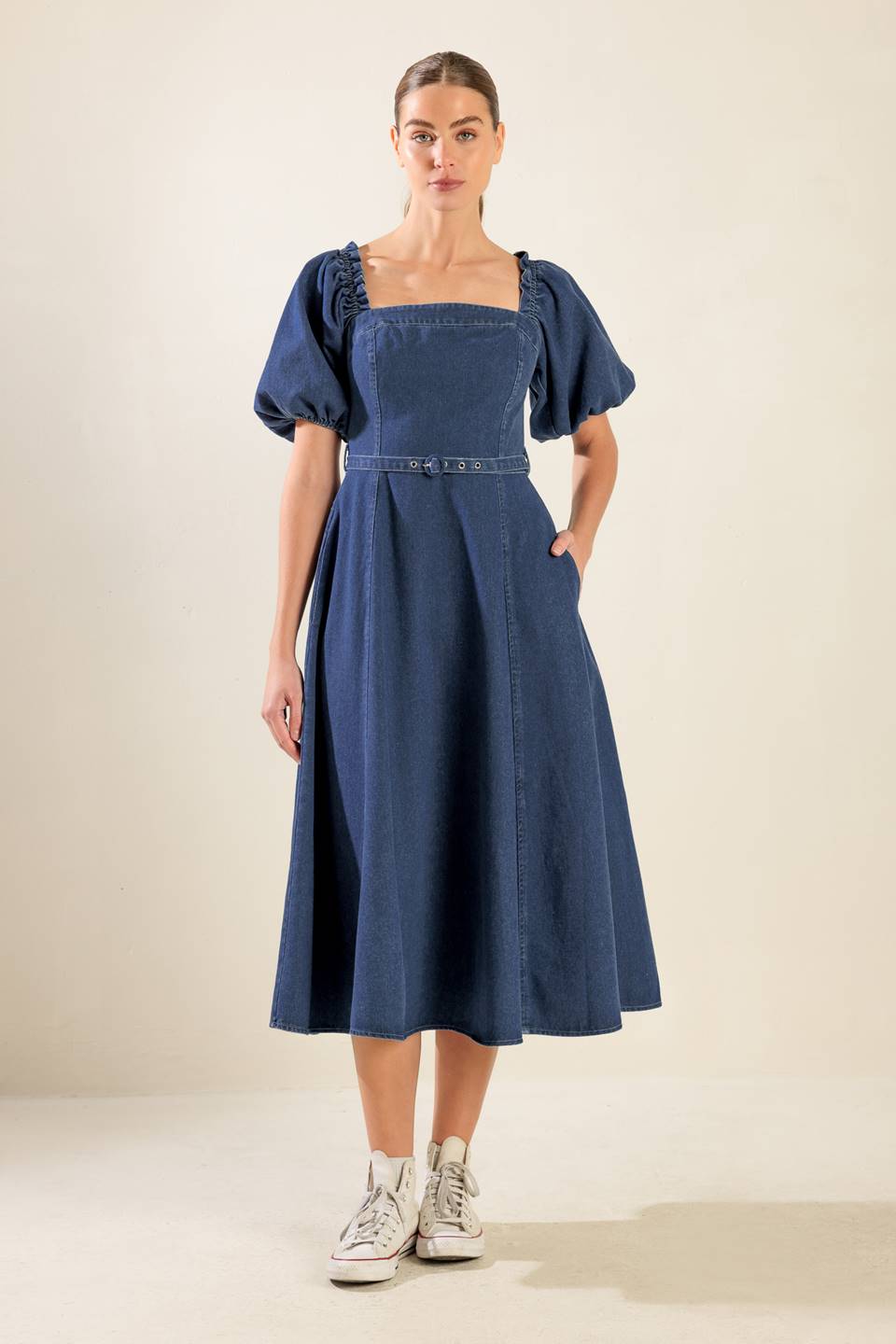 The Camille – Washed Denim Midi Dress
